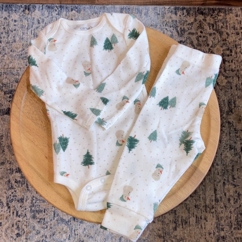 #89. Carter's - White One-Piece Set with Green Trees and Snowman Accents